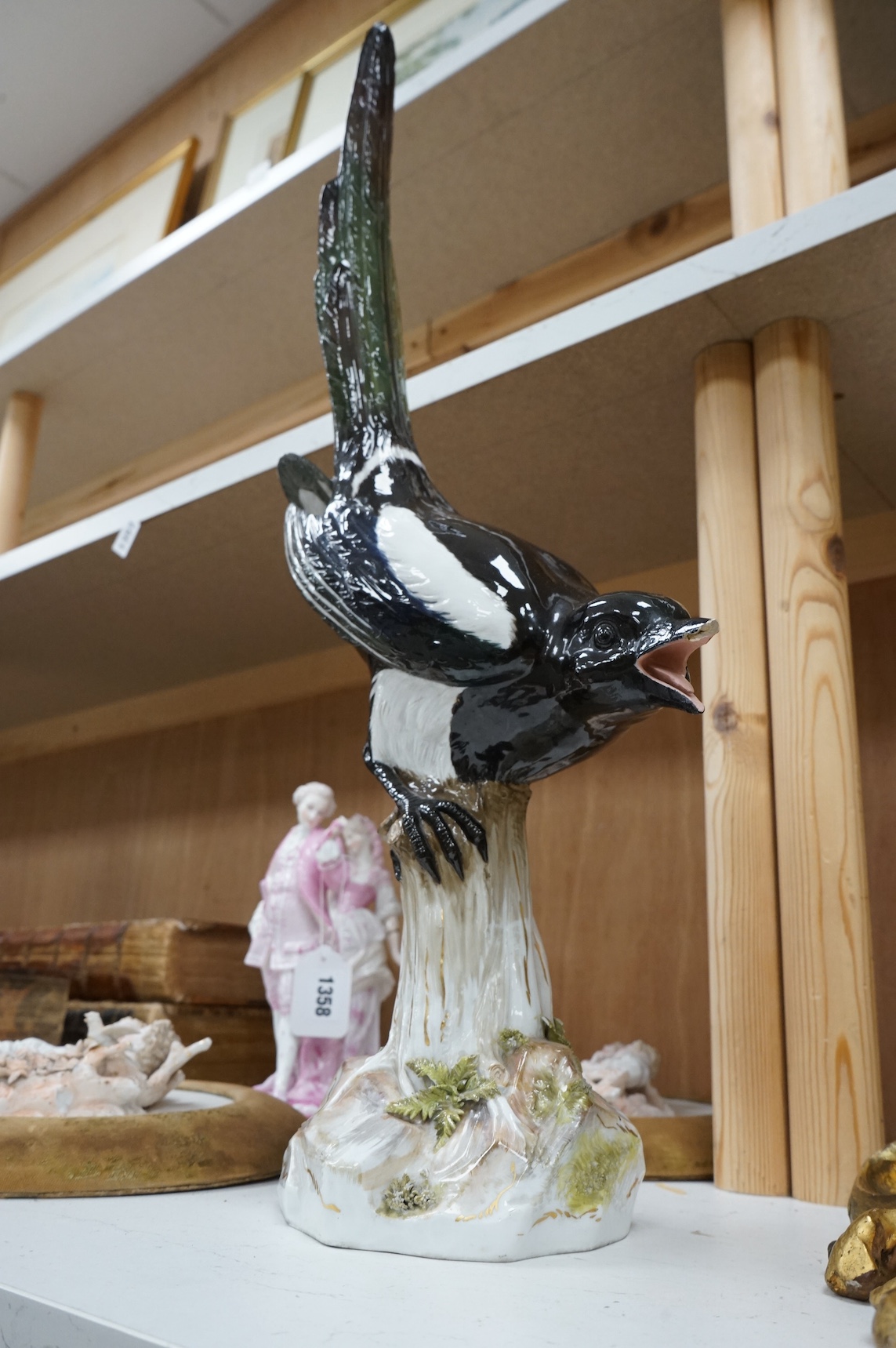 A large Meissen porcelain magpie, 53cm high